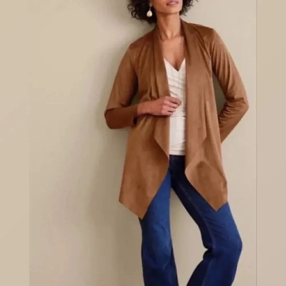 SOFT SURROUNDINGS Shape Drape Cardigan Jacket Open Front Faux Suede Brown Sz 3X